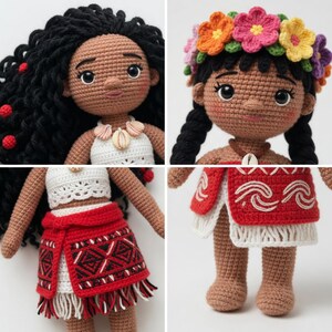 May include: Four crocheted dolls with dark skin and black hair. One doll has long, flowing hair and a shell necklace. Another wears a flower crown and has braided pigtails. The other two dolls wear red and white outfits with intricate patterns, resembling traditional attire.