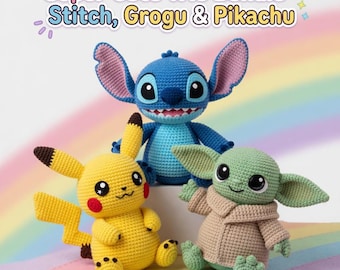 Stitch, Grogu, Pikachu Amigurumi Crochet Pattern Bundle (12 Inch Plush Toys) (Digital Download)