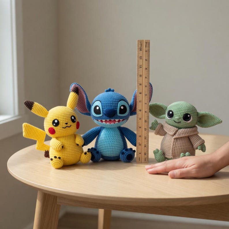 Op de afbeelding: Drie gehaakte karakterpoppen: een gele Pikachu, een blauwe Stitch en een groene Grogu. De poppen staan op een houten tafel. Een liniaal wordt naast de poppen geplaatst om hun hoogte te meten. De poppen zijn ongeveer 15 cm hoog.