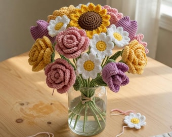 Pacchetto di schemi per bouquet di fiori all'uncinetto / Rosa realistica, girasole, margherita, tulipano in formato PDF (download digitale)