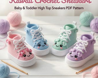 Modello per scarpe da ginnastica alte all'uncinetto per neonati in stile Kawaii, 4 taglie (download PDF)