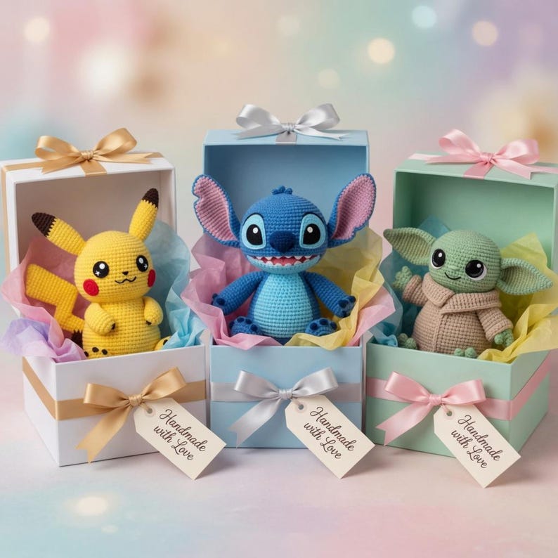 Op de afbeelding: Drie handgemaakte gehaakte karakterpoppen: Pikachu, Stitch en Grogu, elk genesteld in een geschenkdoos met vloeipapier en een lint. De dozen zijn wit, lichtblauw en groen, met labels "Handmade with Love".