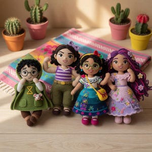 May include: Four handmade crochet dolls with detailed features. One doll wears a green hooded cloak and glasses, another a purple striped top and green pants, a third a floral dress and glasses, and the last a lavender dress with long purple hair.