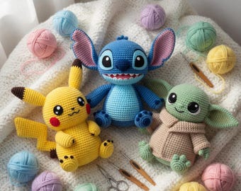 Stitch, Grogu, Pikachu Amigurumi Crochet Pattern Bundle (12 Inch Plush Toys) (Digital Download)