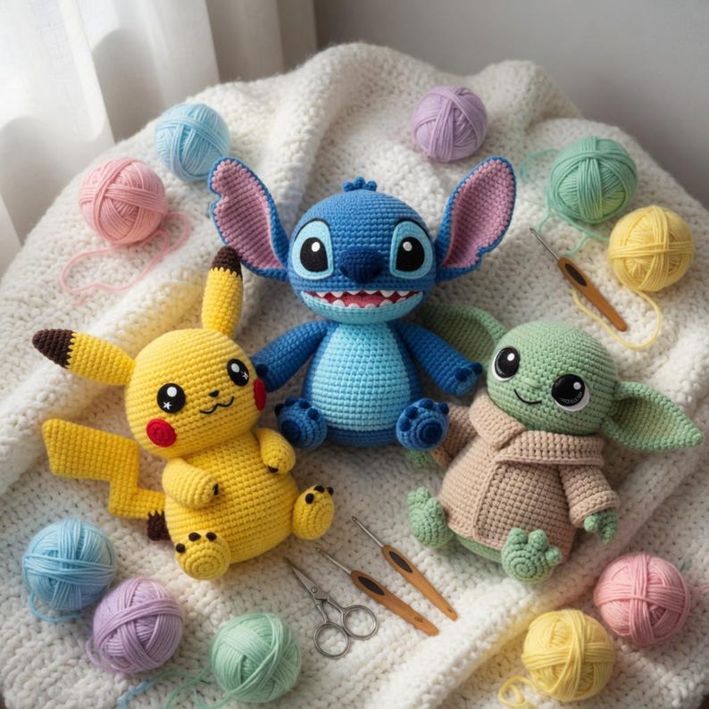 Op de afbeelding: Gehaakte figuren van Stitch, Pikachu en Grogu zitten op een witte deken, omringd door kleurrijke bollen wol, haaknaalden en scharen. Stitch is blauw, Pikachu is geel en Grogu is groen. Een charmante handgemaakte collectie.
