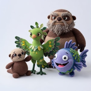 May include: Four handmade crochet amigurumi toys are shown. The toys include a brown otter, a green bird with yellow and green accents, a brown bear-like creature, and a purple fish with green details.