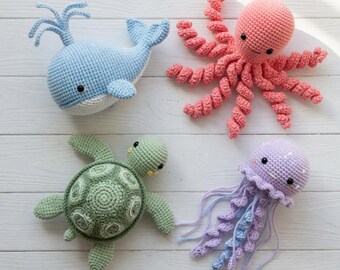 Pacchetto di schemi per uncinetto a tema oceano / Balena, tartaruga, polpo, medusa amigurumi (download in PDF)