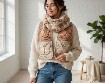 Modello per sciarpa a farfalla all'uncinetto a maglia grossa / Scaldacollo a cerchio in stile lana merino (download PDF)