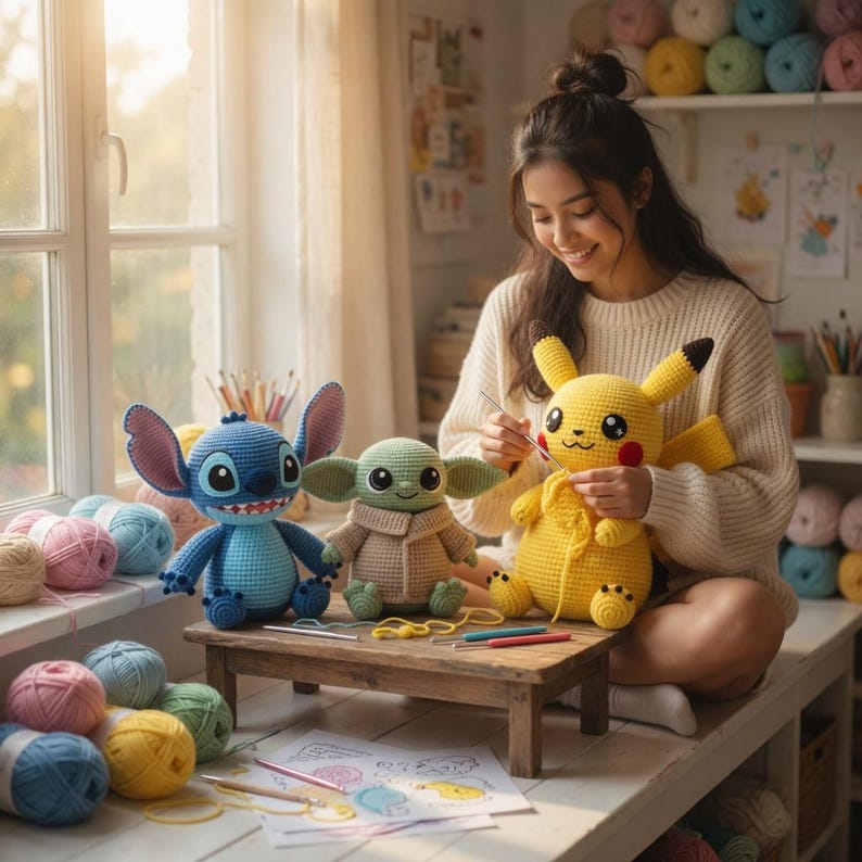 Op de afbeelding: Een vrouw die een gele Pikachu-pop haakt, met blauwe Stitch- en groene Grogu-poppen op een houten tafel. Verschillende bollen kleurrijk garen en haakgereedschap zijn aanwezig. De setting is een lichte knutselkamer.
