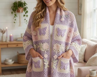 Modello all'uncinetto per scialle con tasche a forma di farfalla e fiori / Sciarpa oversize in pizzo (download PDF)