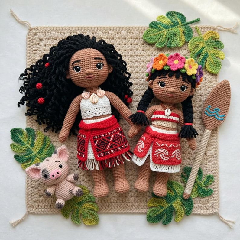 May include: Two handmade crochet dolls, one with long black curly hair and the other with braided hair, both wearing red and white outfits. A small pig and a wooden spear are also included, along with green leaf accents.