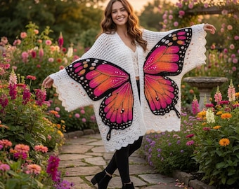 Modello per cardigan all'uncinetto con ali di farfalla bianche / Coprispalle oversize Monarch (Download PDF)