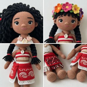 May include: Crocheted dolls with dark hair, brown skin, and detailed facial features. The dolls wear outfits with red, white, and beige accents, including seashell necklaces and floral headbands. The dolls are handmade and feature intricate crochet work.