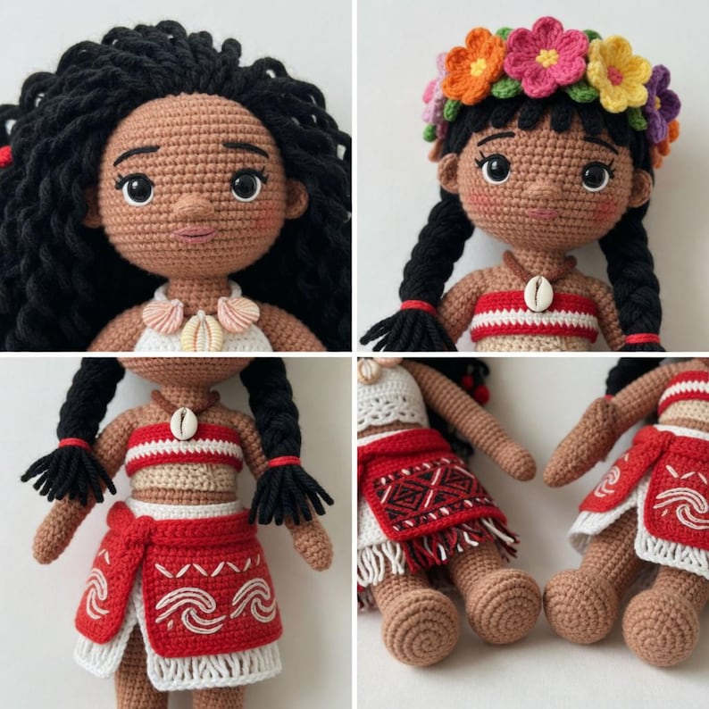 May include: Crocheted dolls with dark hair, brown skin, and detailed facial features. The dolls wear outfits with red, white, and beige accents, including seashell necklaces and floral headbands. The dolls are handmade and feature intricate crochet work.