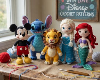 Disney Crochet Pattern Bundle PDF | Mickey Stitch Simba Elsa Ariel Amigurumi | 5 Character Crochet Pattern | Instant Download
