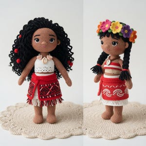 May include: Two handmade crochet dolls. One doll has black curly hair with red accents, a white top, and a red skirt with a geometric pattern. The other doll has braided hair, a flower crown, and a red and white outfit.
