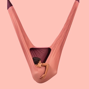 Può includere: Un'altalena sensoriale sospesa realizzata in tessuto elasticizzato color rosa polvere. L'altalena presenta un design a tasca profonda con una fodera interna viola scuro nei punti di sospensione superiori, creando uno spazio sicuro e chiuso.