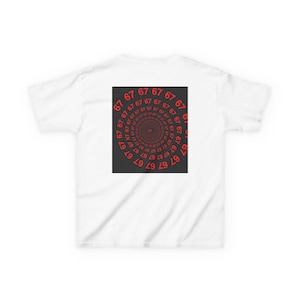 May include: White t-shirt featuring a black square graphic on the back with a spiral design of the number "67" in red. The design is centered and repeated in a circular pattern, creating a visual effect.