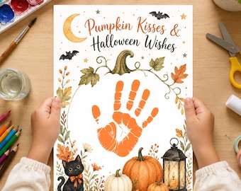 Puede incluir: Una hoja de papel blanca con el texto Pumpkin Kisses & Halloween Wishes, una huella de mano naranja en el centro, un gato negro, calabazas, un farol y hojas de otoño. El diseño incluye una luna creciente, murciélagos y estrellas en estilo acuarela.