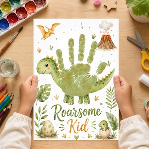 Imprimible de huellas de manos de dinosaurios / Manualidad con huellas de manos de dinosaurios / Recuerdo para niños pequeños en edad preescolar / Descarga instantánea
