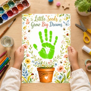 May include: A rectangular art print featuring the text Little Seeds Grow Big Dreams in colorful script. A bright green handprint sits above a terracotta-colored flower pot illustration, surrounded by watercolor flowers, leaves, and insects.