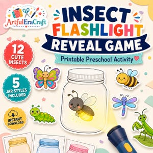 Printable Insect Flashlight Reveal Game, Preschool and Kindergarten Activity, Flashlight Craft kids Worksheet, Printable PDF
