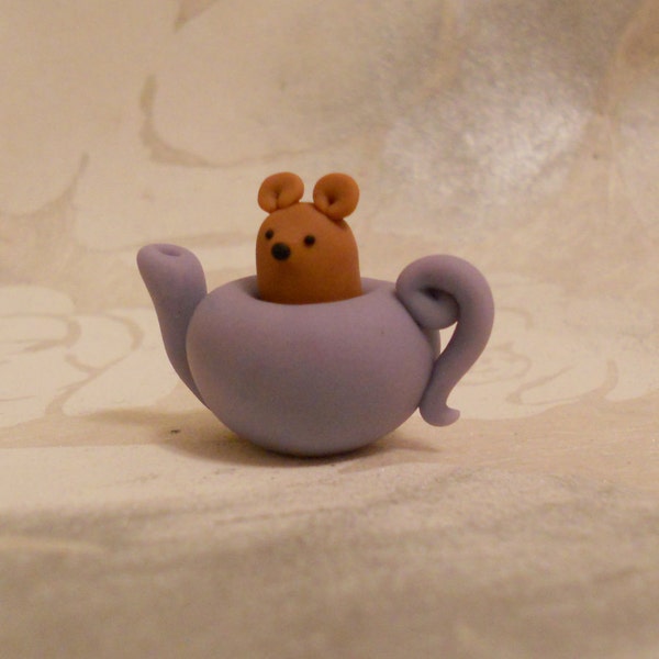 Little Mouse in a Teapot - handmade polymer clay miniature figure alice in wonderland cake topper