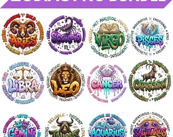 Puede incluir: Un paquete de gráficos digitales titulado ZODIAC PNG BUNDLE que presenta doce ilustraciones circulares que representan cada signo del zodiaco. Cada diseño incluye el nombre del signo en letras estilo grafiti, un icono central y adjetivos descriptivos.