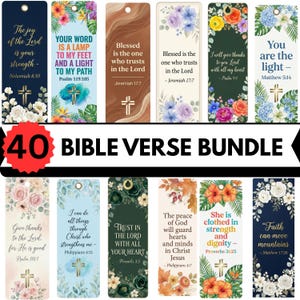 Könnte beinhalten: Ein Set von 40 Bibelvers-Lesezeichen. Jedes Lesezeichen zeigt einen anderen Vers mit floralen und Kreuz-Designs. Der Text enthält Verse aus Psalmen, Jeremia und Sprichwörtern. Die Lesezeichen sind in verschiedenen Farben gehalten.