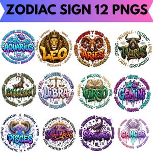 May include: A digital collection of 12 circular zodiac sign PNG designs featuring Aquarius, Leo, Aries, Taurus, Capricorn, Libra, Virgo, Gemini, Pisces, Sagittarius, Scorpio, and Cancer. Each graphic includes stylised text, vibrant colours, and symbols.