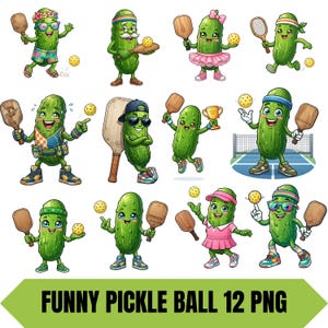 May include: A collection of 12 cartoon pickle characters engaged in pickleball activities, featuring various outfits, accessories, and poses with paddles and yellow balls. The text at the bottom reads FUNNY PICKLE BALL 12 PNG.