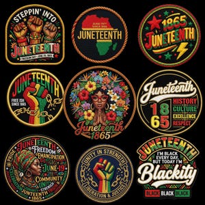 Peut inclure: Une collection d'écussons Juneteenth avec divers motifs. Certains écussons présentent des poings levés, le continent africain et le texte "Juneteenth". D'autres écussons incluent des images de femmes, de fleurs et le texte "Blackity."