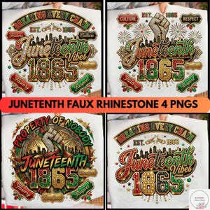Può includere: Quattro magliette bianche con disegni a tema Juneteenth. Ogni disegno presenta il testo "Juneteenth 1865" in un carattere decorativo, insieme a frasi come "Breaking Every Chain" e "Respect". I disegni incorporano colori rosso, verde, oro e nero.