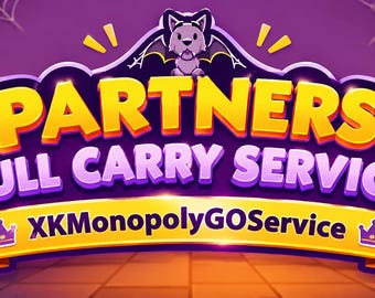 Puede incluir: Un banner gráfico morado con el texto PARTNERS FULL CARRY SERVICE y XKMonopolyGOService. El diseño incluye un personaje de dibujos animados con una linterna, un murciélago, telarañas y retratos enmarcados de varias criaturas.