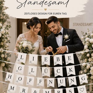 May include: A wedding banner with the words "LIEBE GLÜCK HOFFNUNG" and "MR & MRS" on white pennants. The banner is strung between a smiling bride and groom. The banner is for a wedding.