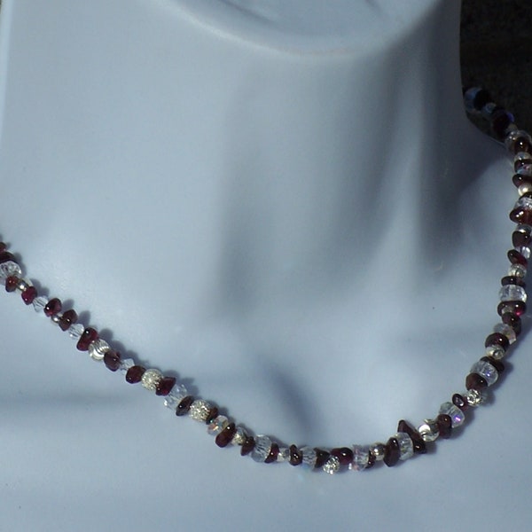 Garnet Necklace , Clear Bead Necklace , Silver Stardust Beads , Necklace , Red Garnets , Beaded Necklace , January Birthstone Necklace 16 in