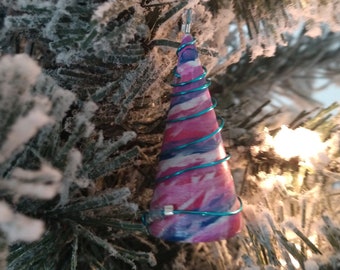 Pink Hand Painted Wooden Christmas Tree Shaped Ornament With Blue Wire Wrap and Clear Beads 2.5 Inch Handcrafted Price per Single Ornament