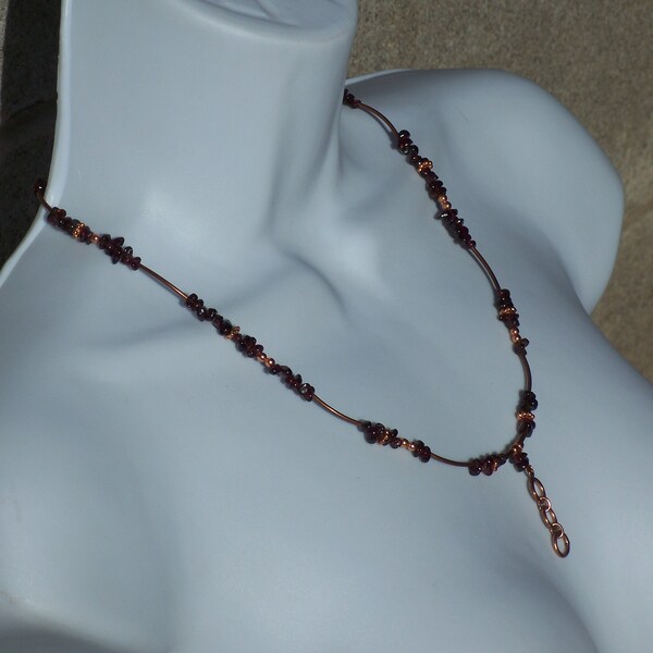 Garnet Necklace With Bronze Plated Tube Beads , January Birthstone Beaded Necklace With Raw Garnet Beads , Valentines Day Gift 21.5 Inches