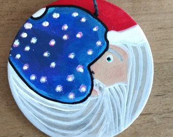 Santa Claus Moon Ornament Hand Painted Round Wooden Disk with Black Twine , Celestial Santa Christmas Tree Decoration Red White Blue 3x3 NWT