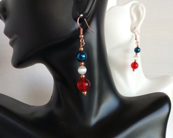 Red White and Blue Beaded Earrings , Dangle Earrings with Red White and Blue Beads and Copper Plated Brass Fish Hooks , 4th Of July Earrings
