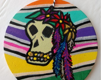 Skull Ornament For Dia De Los Muertos , Day Of The Dead Skull Decoration , Hand Painted Colorful Ornament With Black and White Twine Hanger