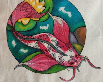 Hand Painted Koi Fish Tote Bag: Lotus Pond Reusable Canvas Bag