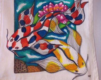 Koi Fish Tote Bag , Canvas Bag With Two Hand Drawn Koi Fishes in Pond with Lotus Flower and Stones , Pisces Reusable Bag Art 14x13x7