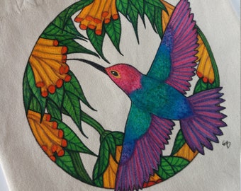 Hand-Painted Hummingbird Tote Bag: Reusable Canvas Grocery Bag