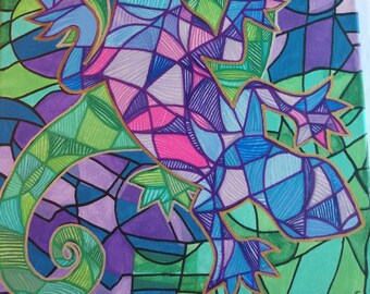 Painting Of Geckos , Abstract Style Artwork Of Purple and Green Geckos with Stained Glass Inspired Design , Painting of Lizards 14x11 Canvas