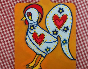 Portuguese Rooster Of Barcelos Painting On Mini Cutting Board , Blue and Orange Galo De Barcelos Art , Left Facing Coq on 9x5.5x1/8in Plaque