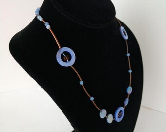 Periwinkle Blue and Brown Necklace ,  Lavender Blue Necklace With Shells And Agate Beads , Beaded 19 Inch Necklace With Copper Coated Tubes