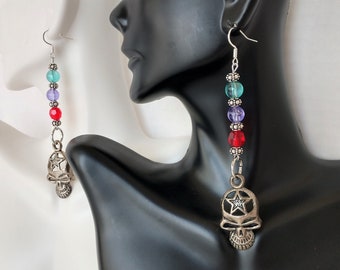 Skull Earrings With Silver Tibetan Skull Charms and Plastic Beads In Red Blue And Purple , Beaded Fishhook Earrings For Dia De Los Muertos