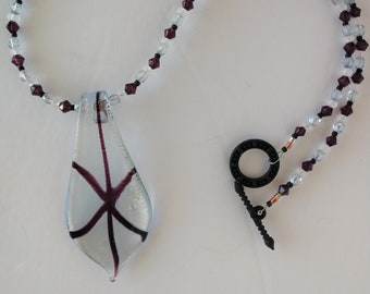 Beaded Statement Necklace With Lampwork Glass Teardrop Pendant and Seed Beads , Burgundy Black White and Clear Necklace With Black Toggle