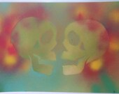 Rainbow Colors Skulls Painting , Colorful Painting of Skull Silhouettes on Paper , Abstract Multicolor Skull Art On Watercolor Paper 15x11